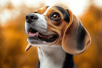 Close-up partial portrait of a calm dog showing floppy ear, white neck and whiskers against warm autumn bokeh background