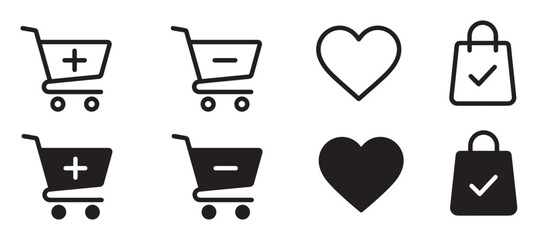 Set of black e-commerce icons for online shopping, featuring outline and solid glyphs of a cart, heart, and bag for a clean user interface design on a website or app