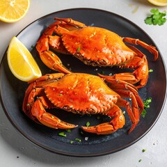 Close up of cooked crabs on a plate with lemon and herbs