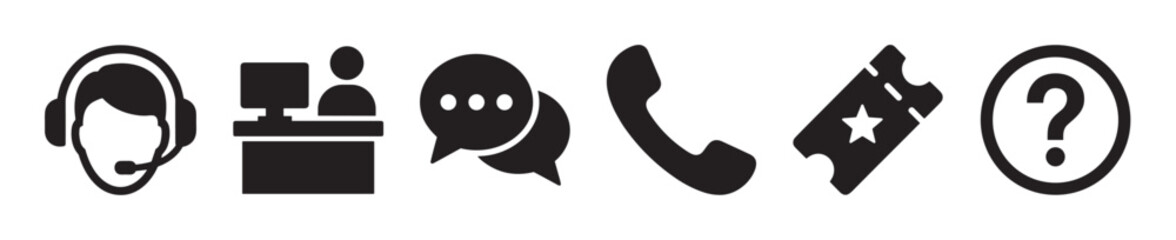 Obraz na płótnie Canvas Black customer support and helpdesk icon set featuring a call center agent with a headset, chat bubbles, telephone, event ticket, and a question mark symbol for assistance