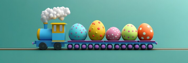 colorful toy steam train with puffs of white steam carrying six decorated polka dot eggs on a flatcar along a single rail against a teal pastel background, playful and whimsical