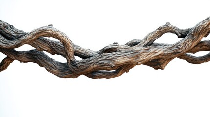 Intertwined weathered wooden vines and branches with rough textured bark braided into a tangled organic rope across a bright white background, evoking strength and tension
