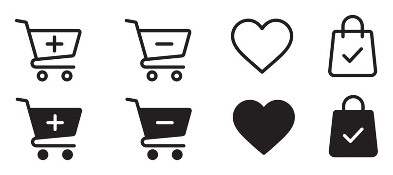 Set of black e-commerce icons for online shopping, featuring outline and solid glyphs of a cart, heart, and bag for a clean user interface design on a website or app