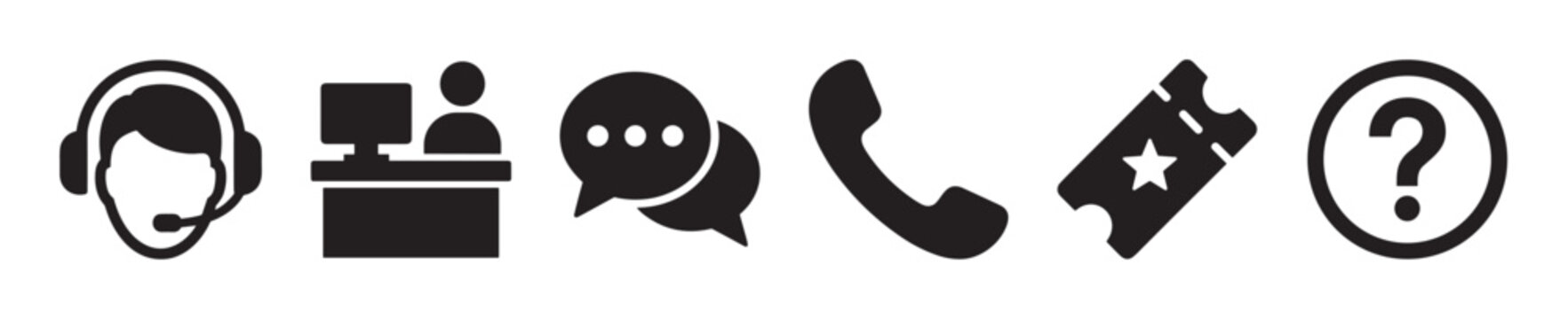 Black customer support and helpdesk icon set featuring a call center agent with a headset, chat bubbles, telephone, event ticket, and a question mark symbol for assistance