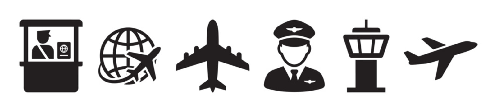 Set of black airport and aviation icons showing passport control, a globe, an airplane, a pilot, and an air traffic control tower for travel and transportation concepts