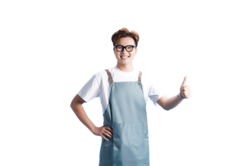 Barista’s Affirmation: A friendly barista, adorned in a casual apron and stylish glasses, offers a cheerful thumbs-up, radiating positivity and confidence.