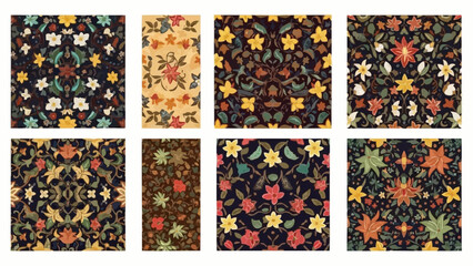 Collection of eight intricate floral patterns on dark backgrounds. © Efan