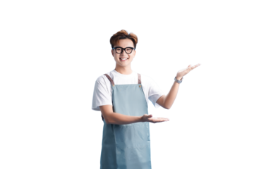Smiling Chef: A cheerful chef, adorned in an apron, joyfully presents an offering with open arms. Captured with simplicity and warmth, evoking a sense of culinary hospitality.