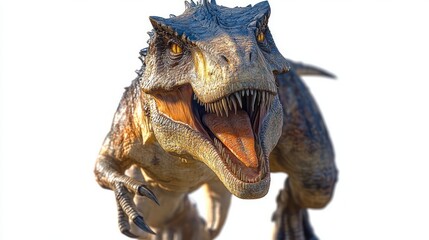 Close-up of a large predatory dinosaur lunging forward on a white background, mouth wide open showing sharp teeth and tongue, fierce yellow eyes and aggressive menacing expression