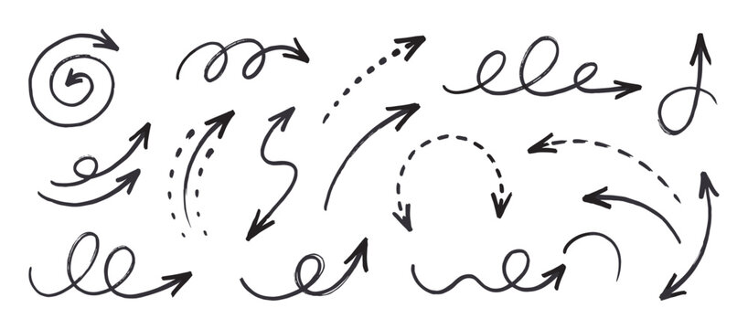 Hand-drawn black doodle arrows and pointers in a large collection of various shapes and styles, including curved, spiral, wavy, dotted, and dashed lines for graphic design