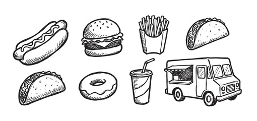 Hand-drawn fast food icon collection with a hot dog, burger, fries, taco, donut, soda, and a food truck in a black and white doodle sketch illustration style
