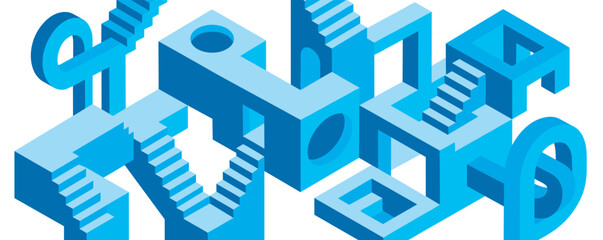 Abstract blue isometric architectural structure with stairs and arches creating a complex, impossible labyrinth in a modern, minimalist graphic style