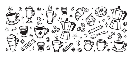 Hand-drawn set of coffee themed doodles including cups, mugs, moka pots, beans, and pastries in a simple black and white line art style for a cozy cafe menu illustration