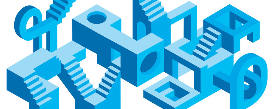 Abstract blue isometric architectural structure with stairs and arches creating a complex, impossible labyrinth in a modern, minimalist graphic style