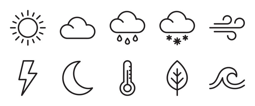 Collection of simple weather and nature icons in a minimalist black outline style, including symbols for sun, cloud, rain, snow, wind, lightning, moon, and temperature