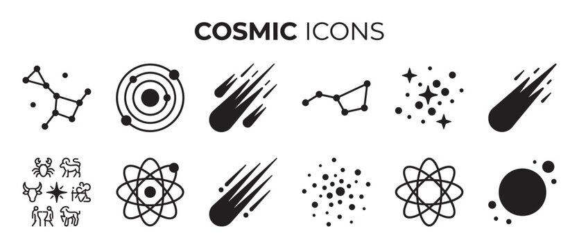 Set of black cosmic icons featuring constellations, a solar system, meteors, stars, zodiac signs, and an atom symbol in a minimalist flat vector style for astronomy and astrology themes