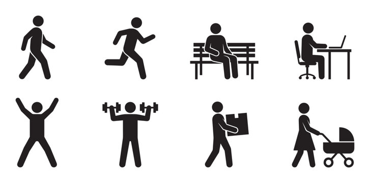 Set of black stick figure icons depicting various daily life and fitness activities like walking, running, working, exercise, rest, and parenting in a simple minimalist style