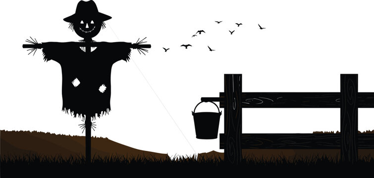 Smiling scarecrow silhouette standing in a field, wooden fence with bucket, flock of birds flying away, autumn harvest farming background, black vector illustration, isolated on white.