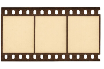 Vintage film strip showing three blank frames, representing nostalgia, filmmaking, and old memories, ready for custom content on transparent background