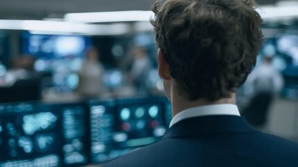 In a high-tech control room, a suited individual's focused gaze surveys a complex network of screens, conveying a sense of vigilance and control in a high-stakes environment. 