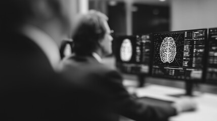 Medical experts closely examine intricate brain scans displayed on advanced computer monitors, within a cutting-edge laboratory environment.