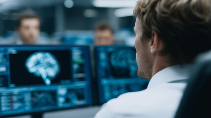 Fototapeta premium A medical professional diligently examines brain imaging scans on a monitor, concentrating in a cutting-edge technological environment.