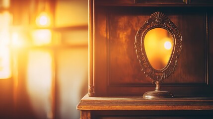 armoire. Vintage wooden armoire with ornate mirror, polished surface in warm golden light. real-estate listings, architecture portfolios, designed for interior renovation comparisons for interiors.