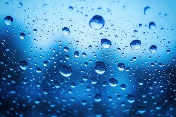 Close-up of raindrops on a glass window with soft blue bokeh background, calm melancholic mood