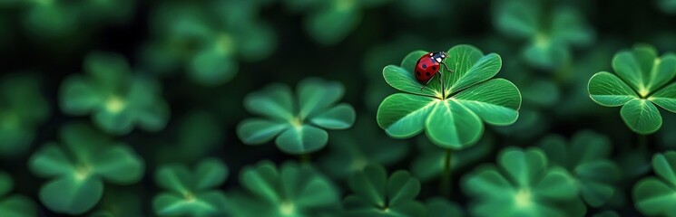 red ladybug resting on a clover leaf in a lush field of green clovers, tranquil close-up conveying calm and a sense of luck
