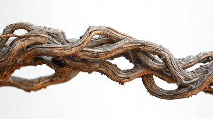 intertwined weathered woody vines with textured bark on a clean white background conveying organic rustic serenity