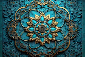 intricate gold and teal floral mandala relief medallion with layered petals, ornate filigree and carved decorative swirls conveying serene luxurious elegance