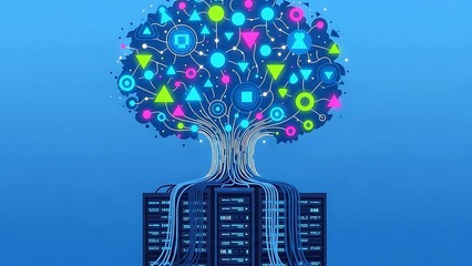 data tree growing from server racks with colorful icons and cables on blue background symbolizing cloud storage and big data analytics