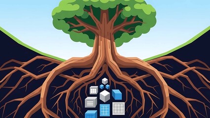 data tree with roots connecting to database blocks underground conceptual illustration of data foundation and information architecture