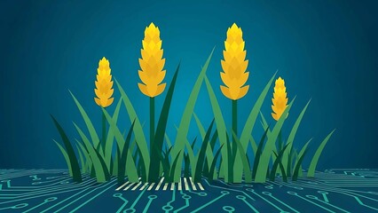 digital agriculture concept with golden wheat growing from circuit board soil on blue background symbolizing smart farming technology