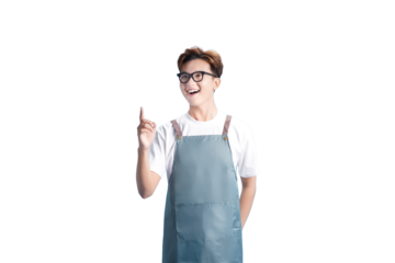 Enthusiastic Idea: An innovative individual, wearing spectacles and a stylish apron, stands against a simple backdrop, his expression alight with an idea and inspiration.