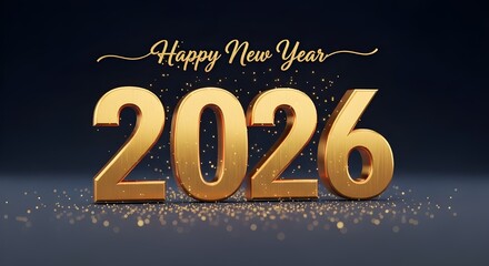 Luxurious Happy New Year 2026 background with elegant 3D golden numbers and shimmering golden dust on dark blue, Generative AI illustration.