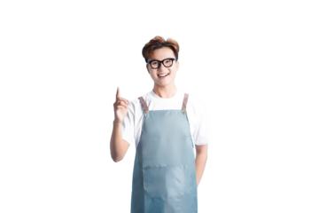A Culinary Insight: A chef, donning an apron and glasses, smiles with a finger pointing upwards, expressing creativity, ingenuity, and culinary expertise.