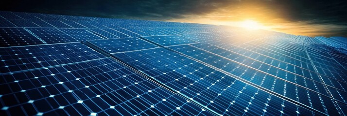 Expansive solar panel array under a glowing sunrise with reflective blue panels stretching to the horizon, conveying optimism and clean energy hope