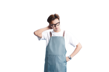 Contemplative Chef: A young chef, clad in an apron and eyeglasses, pauses thoughtfully, hand to head, perhaps pondering culinary inspiration or the day's menu. 