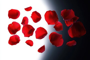 red rose petals scattered and seemingly floating across a stark white to black gradient background, evoking a romantic and dramatic mood