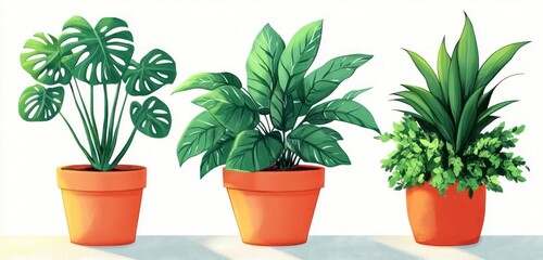 Fototapeta premium Three terracotta potted houseplants: split-leaf plant, broad glossy-leaf plant, and spiky foliage with trailing greenery, bright cheerful fresh still life