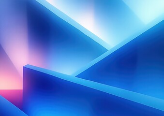 overlapping translucent blue geometric planes with soft cyan gradients and a warm pink glow, serene futuristic abstract composition