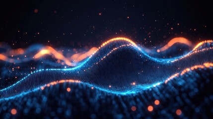 glowing blue and orange particle mesh forming undulating waves, a futuristic shimmering data landscape evoking motion and energetic wonder