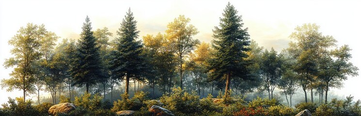 Sunlit mixed forest with tall pine and deciduous trees, morning mist drifting among trunks, rocky undergrowth and wildflowers creating a peaceful tranquil mood