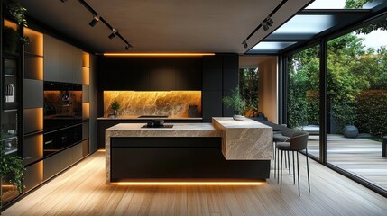sleek modern kitchen with matte black cabinetry and marble island breakfast bar, warm underlighting, track lighting, bar stools and floor-to-ceiling glass doors to a green patio, inviting cozy mood