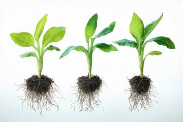Three young green seedlings with exposed root balls and tangled roots suspended against a white background conveying fresh, hopeful growth and vitality