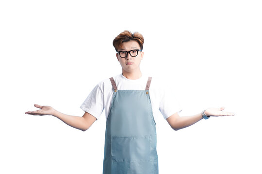 Uncertainty Expression: A person wearing glasses and apron, stands with open palms, expressing uncertainty or a lack of knowledge, emphasizing the importance of open communication and clarity.