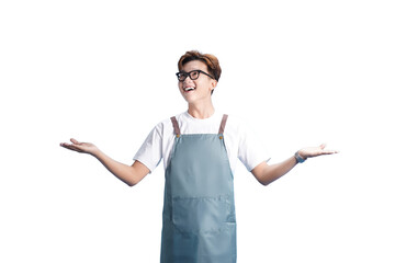 Open Arms: A young individual, clad in a crisp apron, smiles broadly as he extends his arms in a gesture of welcome and hospitality, showcasing his friendly demeanor and warm approach.