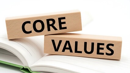 Wooden blocks spelling core values rest on an open notebook representing business principles and foundation