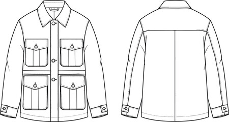 Jacket technical sketch, front back view, fashion cad drawing, button flap pockets, collared neckline, flat vector illustration, garment design